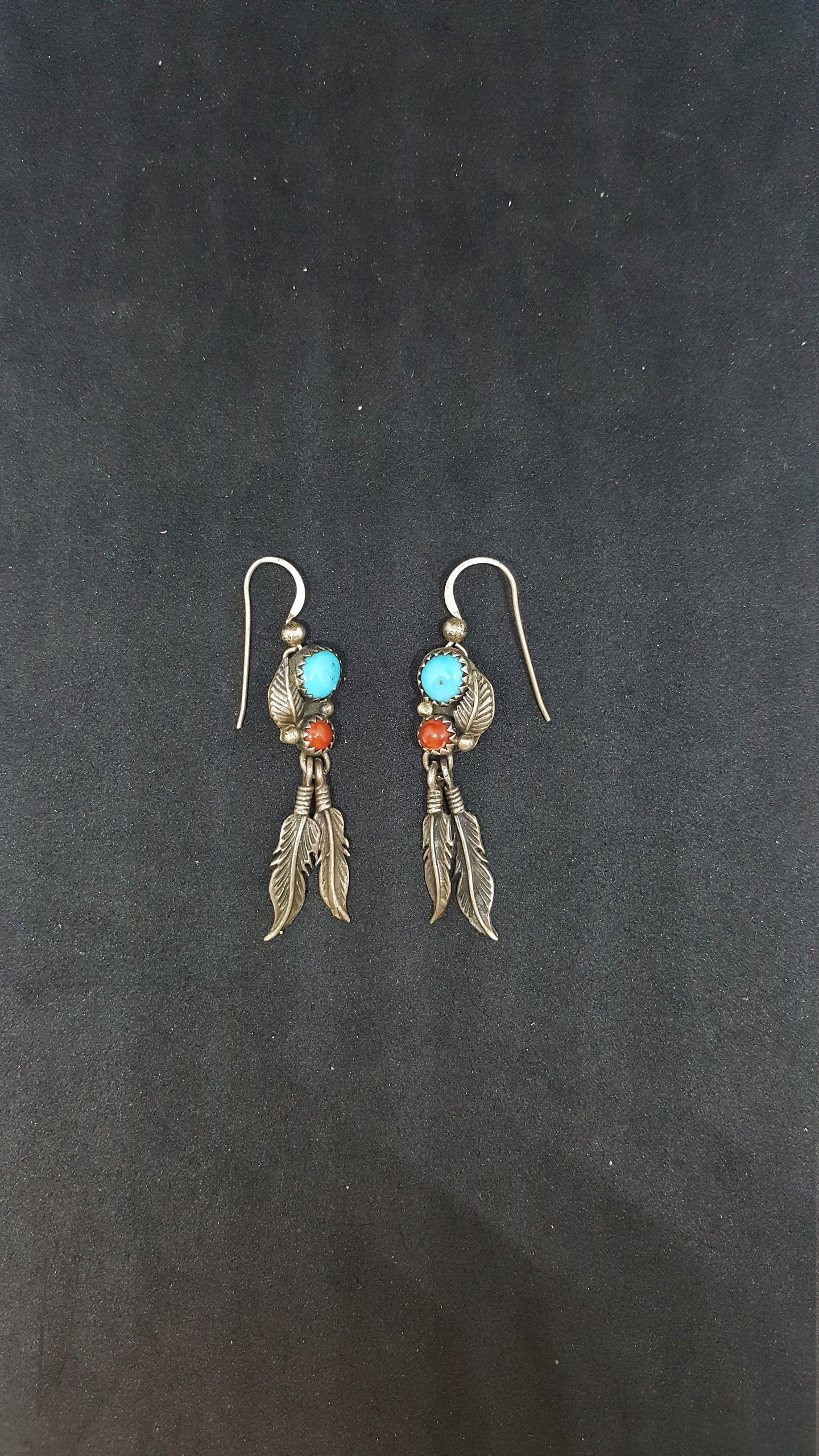 Vintage Navajo feathers Turquoise Coral sterling silver dangle earrings