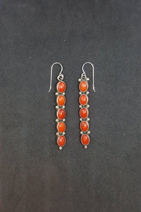 Vintage 5 Coral stones oval long thin sterling silver dangle earrings