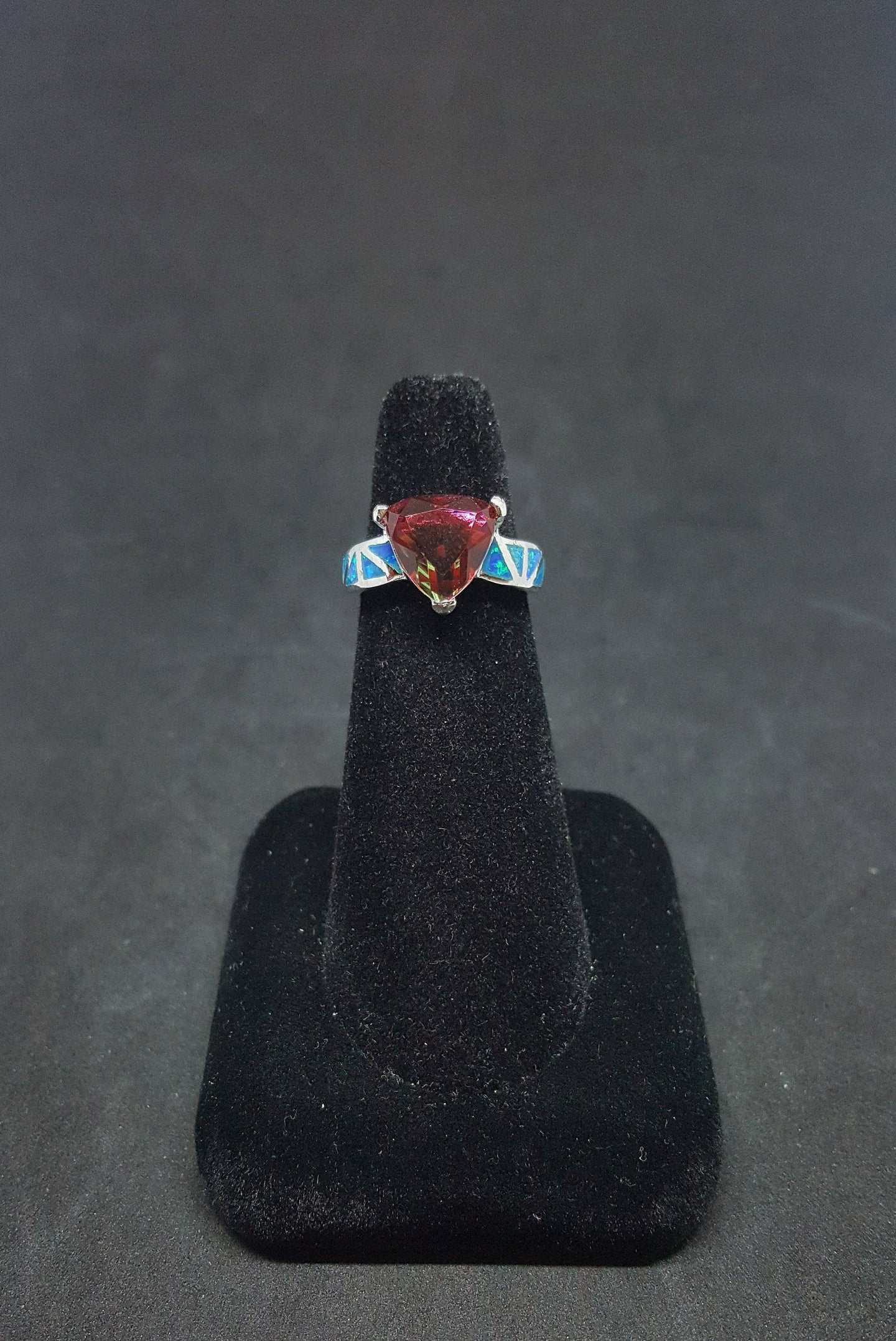 Size 6 1/4 - Blue Fire Opal micro CZ Tourmaline Triangle shape sterling silver ring