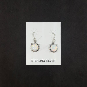 8 mm round White Fire Opal dots on diamond shape sterling silver dangle earrings