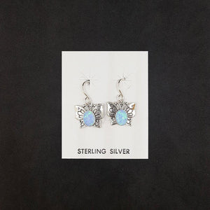 Baby butterfly with designs Oval light Blue Fire Opal sterling silver dangle earrings