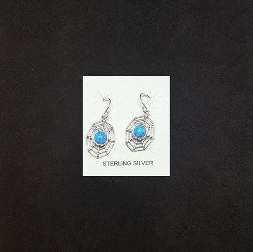 Blue Fire Opal Spider Web shape sterling silver dangle earrings