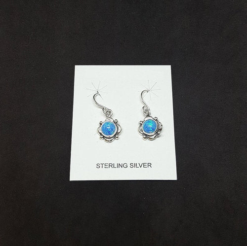 Baby butterfly 5 mm round Blue Fire Opal sterling silver dangle earrings