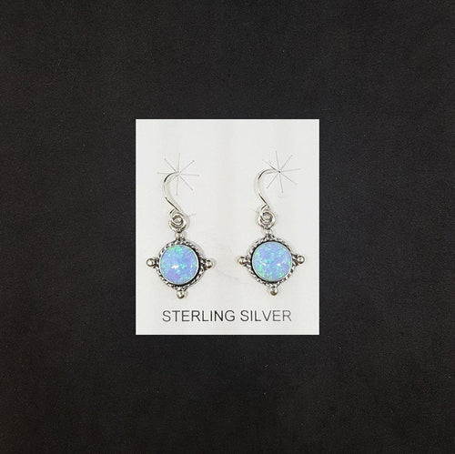 8mm round light Blue Fire Opal dots on round shape sterling silver dangle earrings