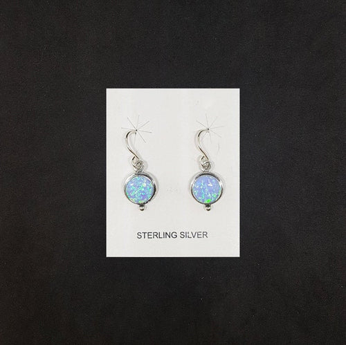 8mm round light Blue Fire Opal single dot on round shape sterling silver dangle earrings