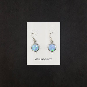 8mm round light Blue Fire Opal single dot on round shape sterling silver dangle earrings