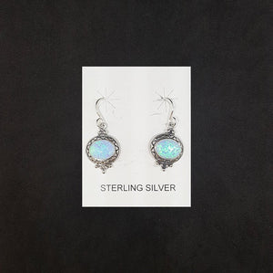 Zic zac design with dots oval light Blue fire opal sterling silver dangle earrings