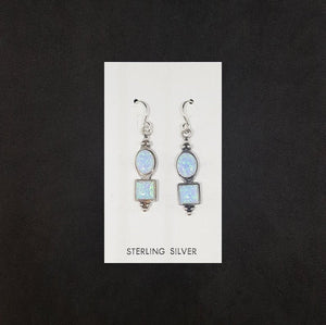 Oval and Square Light Blue Fire Opal long thin sterling silver dangle earrings