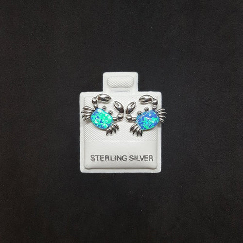 Baby Crab Oval Blue Fire Opal sterling silver post earrings