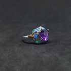 Size 8 1/4 - Big Heart Amethyst Blue Fire Opal wavy pattern sterling silver ring