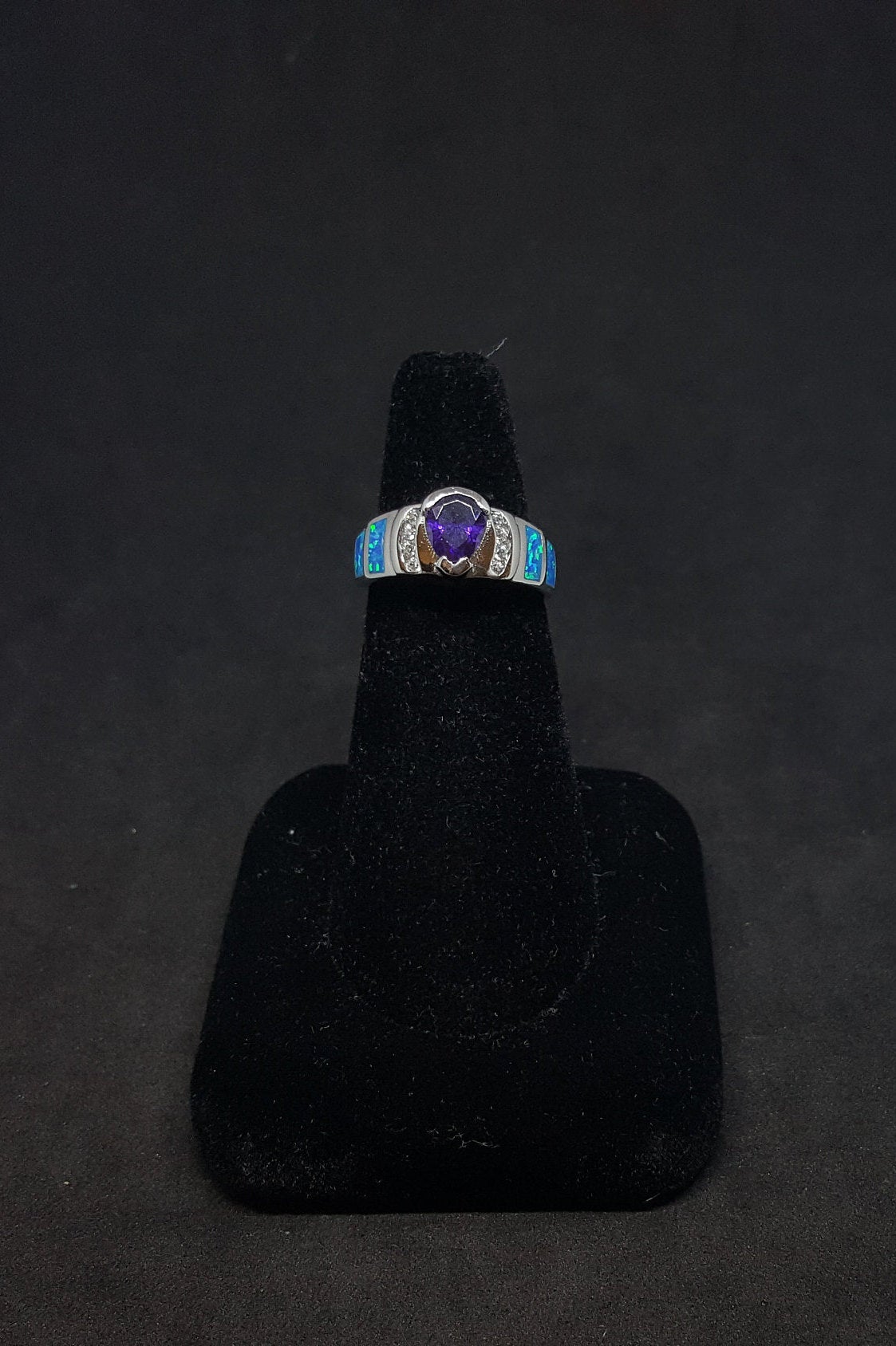 Size 6 1/2 - Blue Fire Opal micro CZ Amethyst pear-cut sterling silver ring