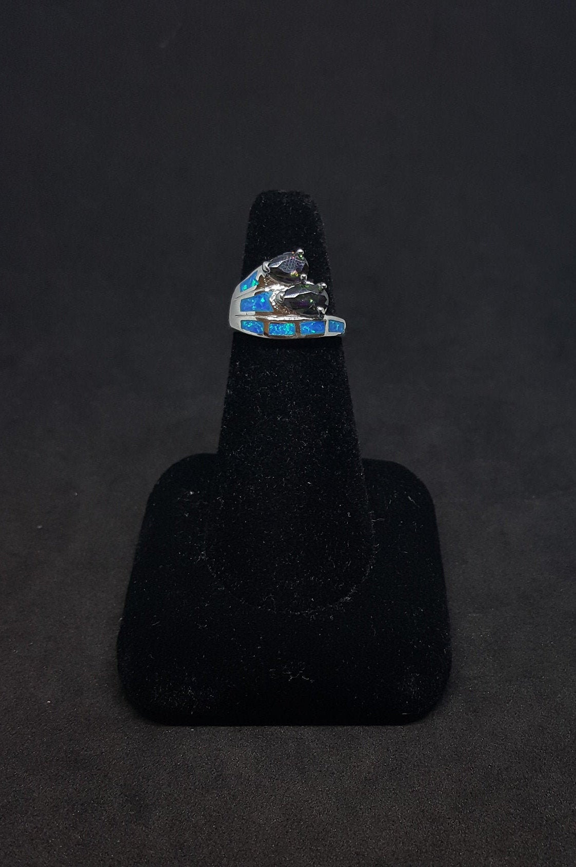 Size 7 - Flying Stones Blue Fire Opal Mystic Amethyst teardrop sterling silver ring