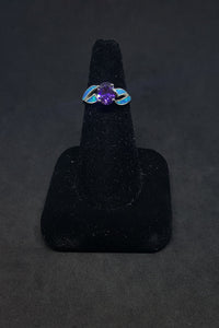 Size 7 1/4 - thin Blue Fire Opal oval Amethyst sterling silver ring