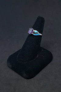 Size 7 1/4 - thin Blue Fire Opal oval Amethyst sterling silver ring