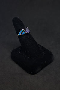 Size 7 1/4 - thin Blue Fire Opal oval Amethyst sterling silver ring