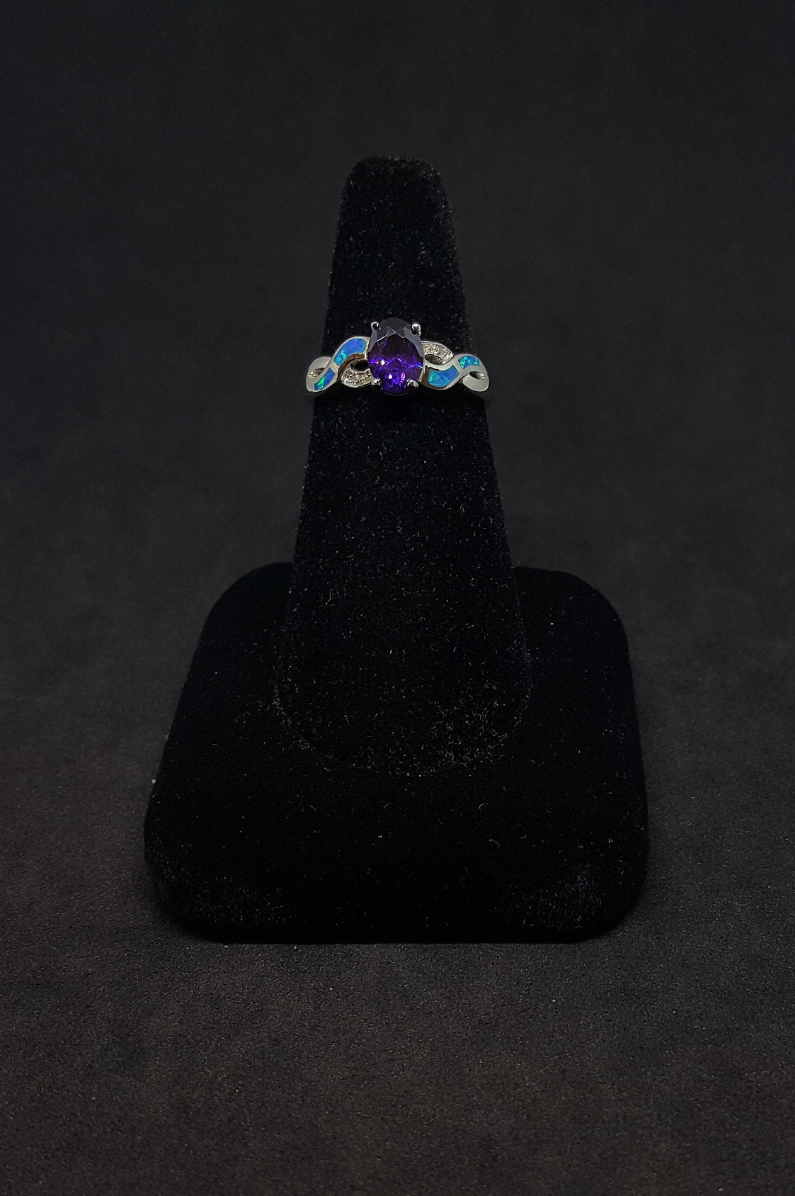 Size 8 1/4 - Twisted design Blue Fire Opal micro CZ oval Amethyst sterling silver ring