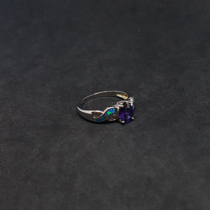 Size 8 1/4 - Twisted design Blue Fire Opal micro CZ oval Amethyst sterling silver ring