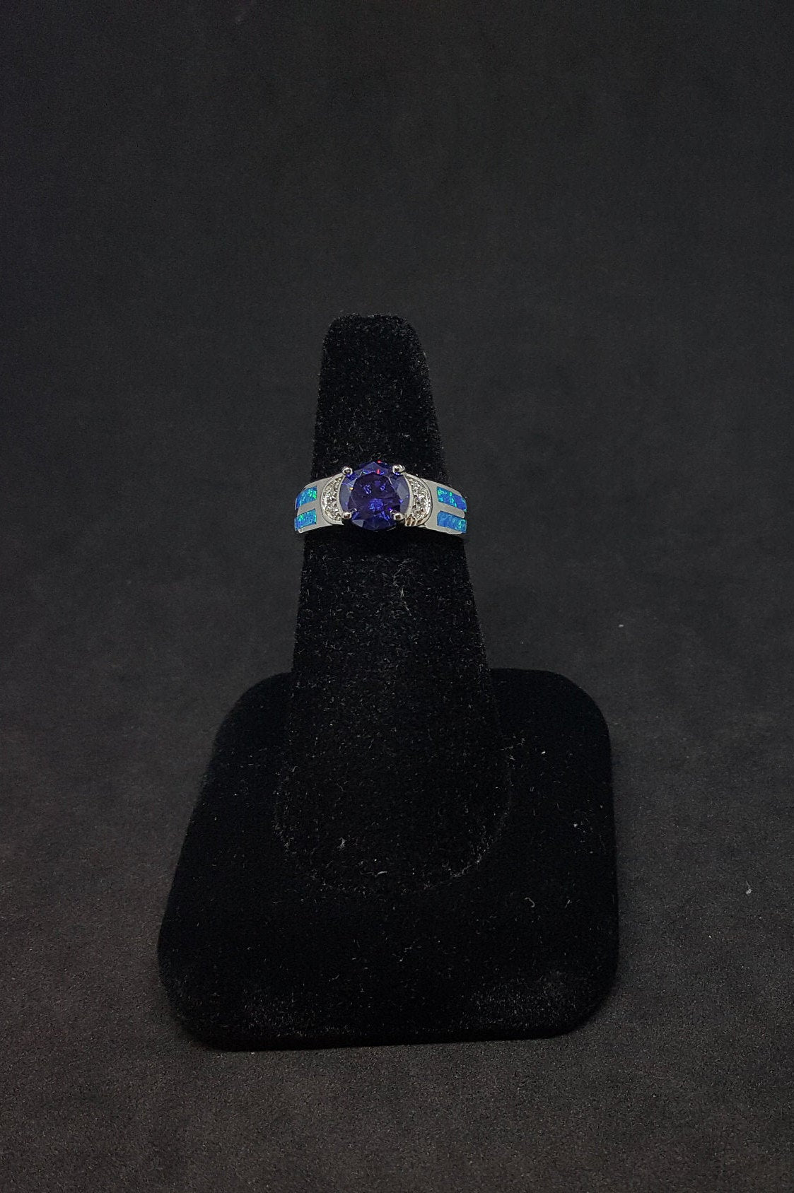 Size 7 3/4 - Two stripes Blue Fire Opal micro CZ round Tanzanite sterling silver ring