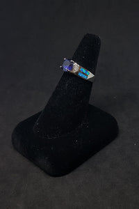 Size 7 3/4 - Two stripes Blue Fire Opal micro CZ round Tanzanite sterling silver ring