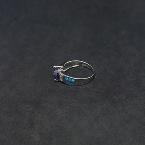 Size 7 3/4 - Two stripes Blue Fire Opal micro CZ round Tanzanite sterling silver ring