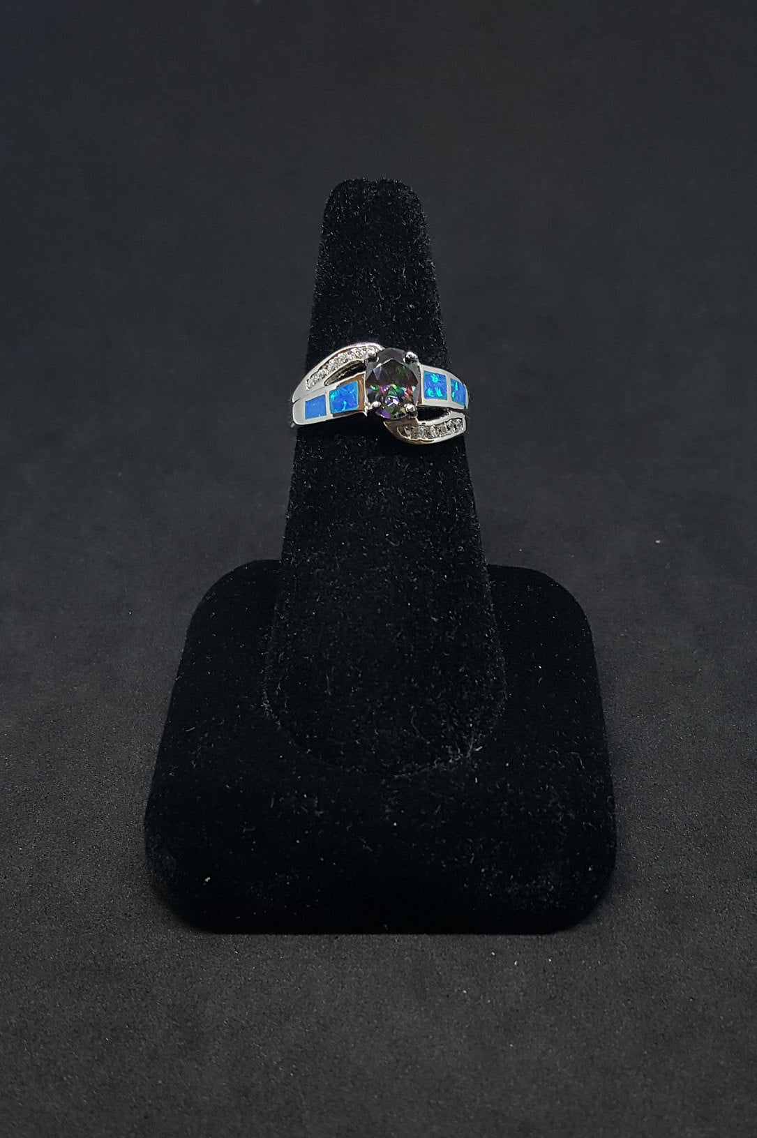 Size 9 - Blue Fire Opal micro CZ Mystic Amethyst Oval shape sterling silver ring