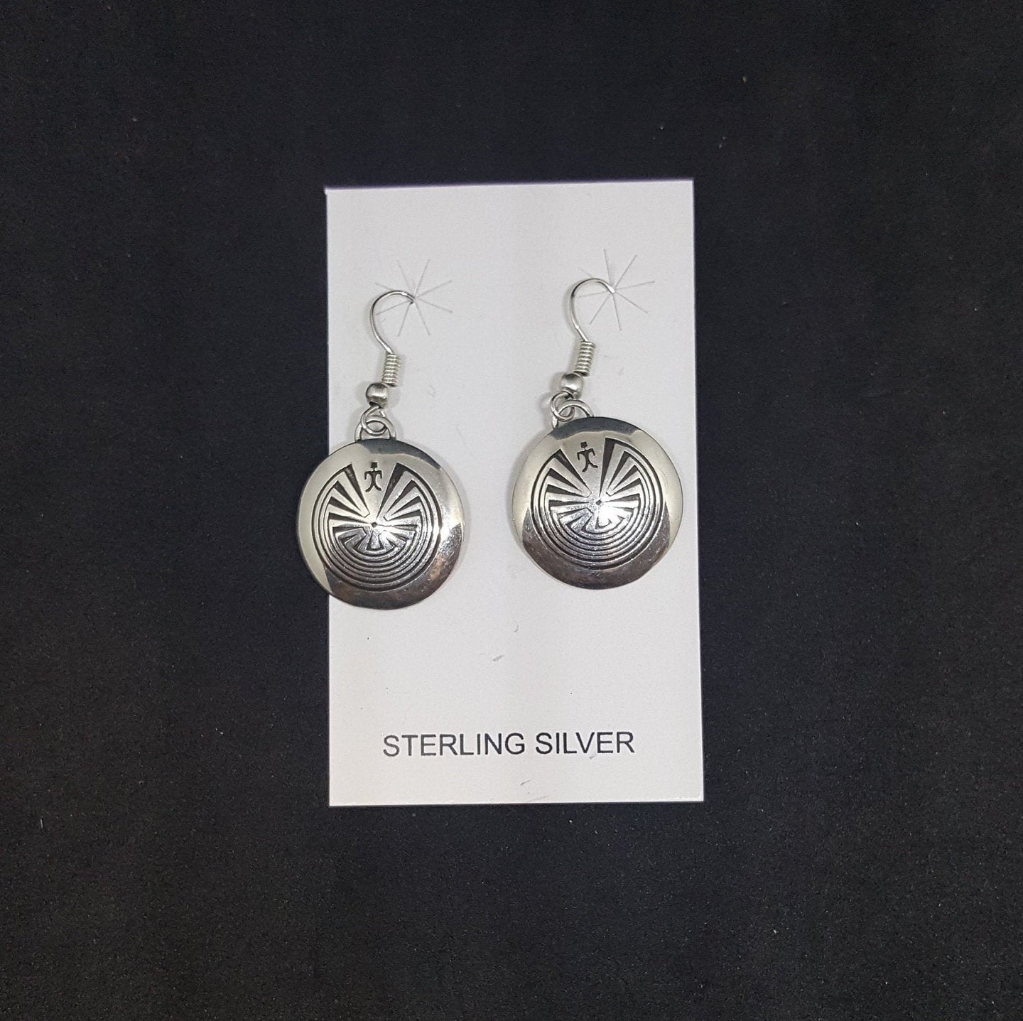 3/4 inches Sterling silver native design dangle/drop basket earrings Signed B - Vintage