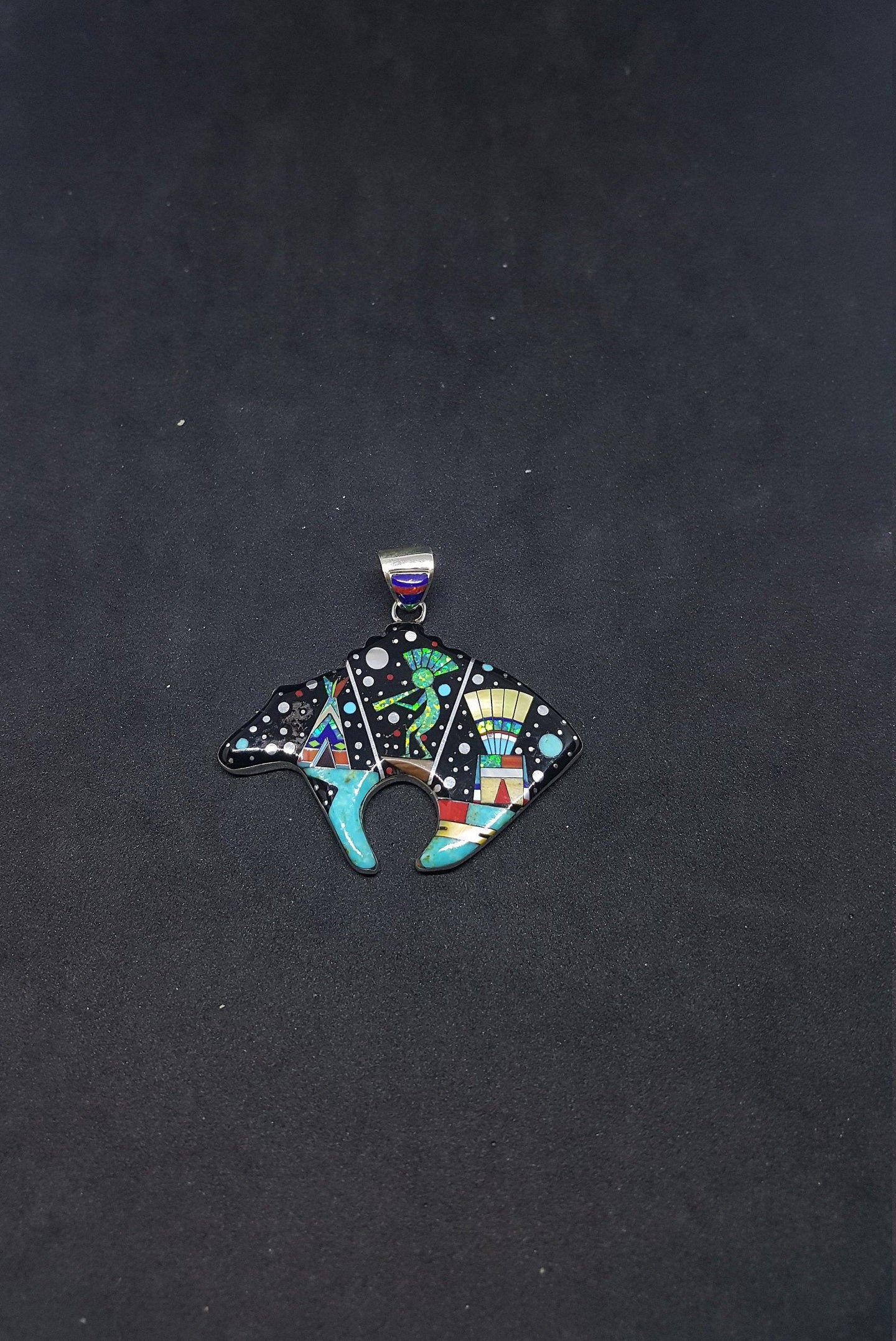 Southwest inlay Bear Night Sky Tepeedancing native people with hat dress Multi-stones sterling silver pendant necklace