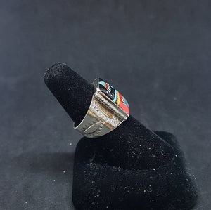 Size 10 - Native feather costume night sky micro- inlay multi-stones rectangle shape sterling silver ring