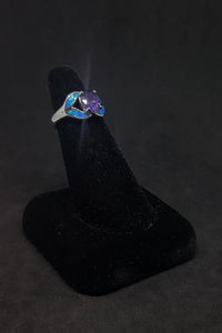 Size 6 - Blue Fire Opal leaf shape oval Amethyst sterling silver ring