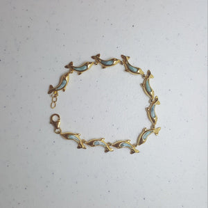 Baby Dolphins Blue Larimar sterling silver thin gold plated chain bracelet