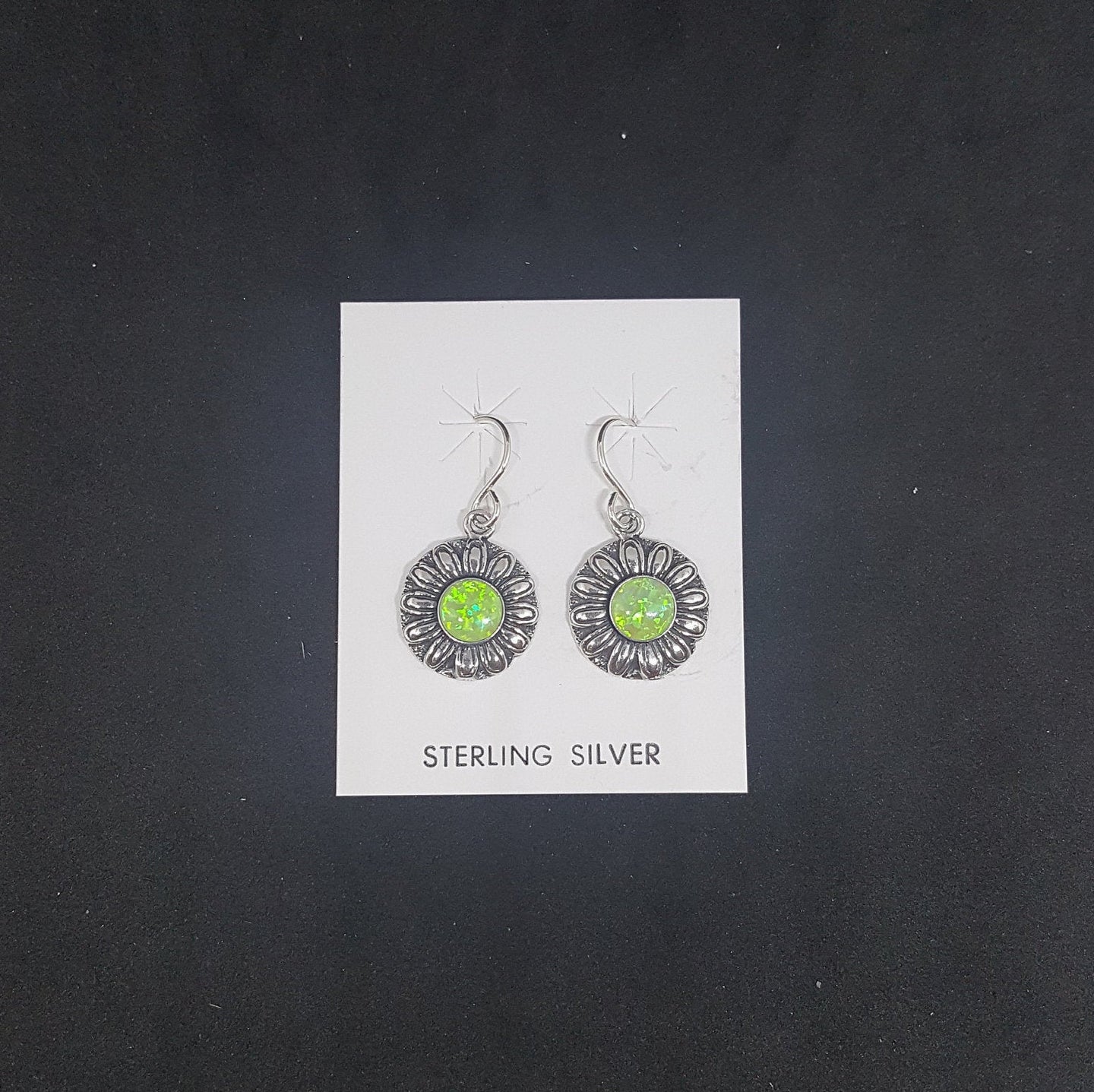 DaisyFlower 5 mm round Green Fire Opal sterling silver dangle earrings