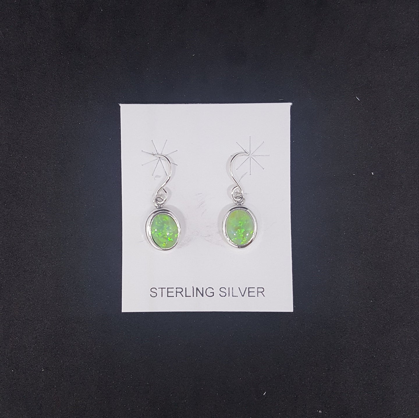 Oval Green Fire Opal sterling silver dangle earrings