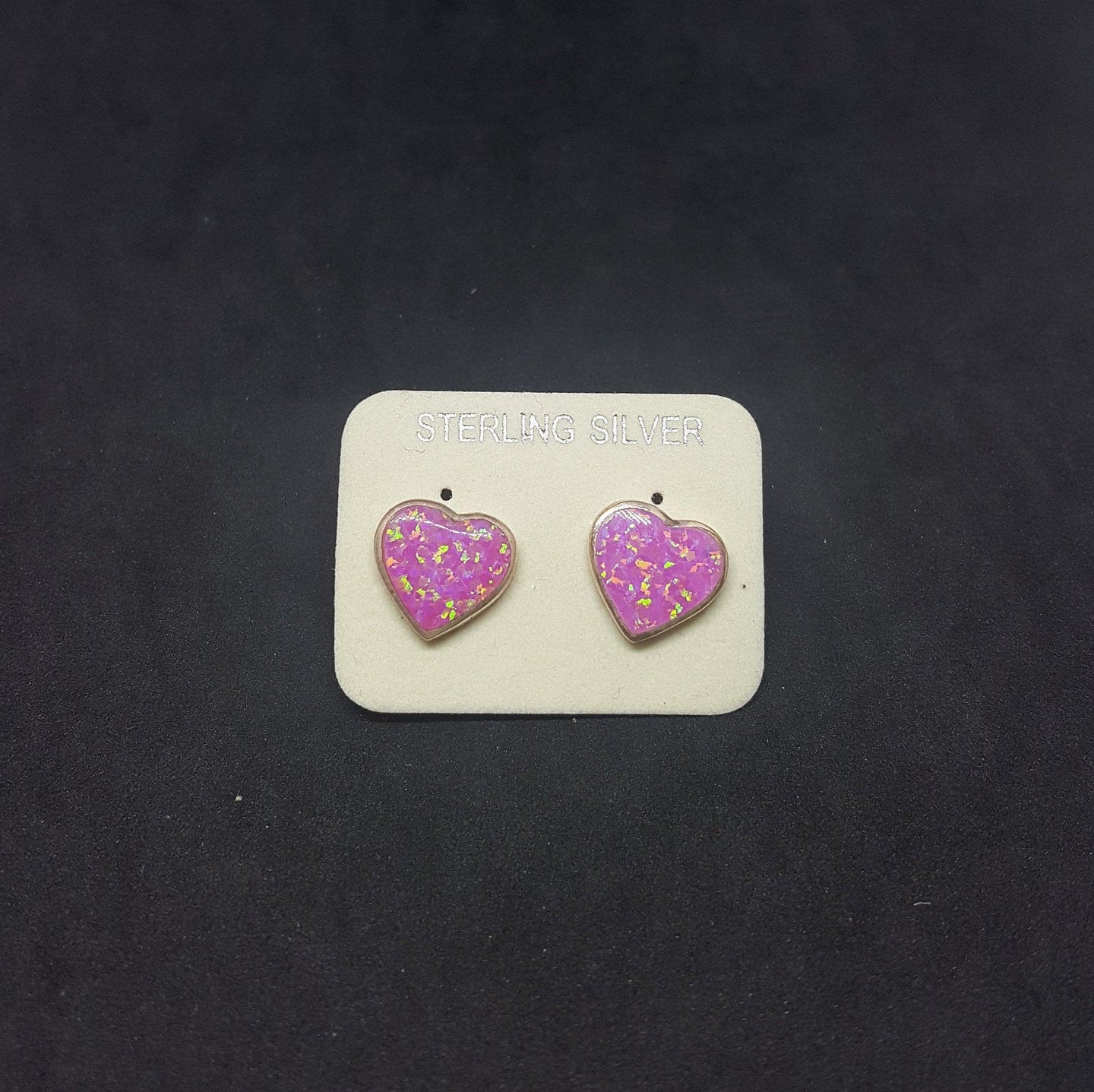 Heart hot pink Fire Opal sterling silver stud earrings