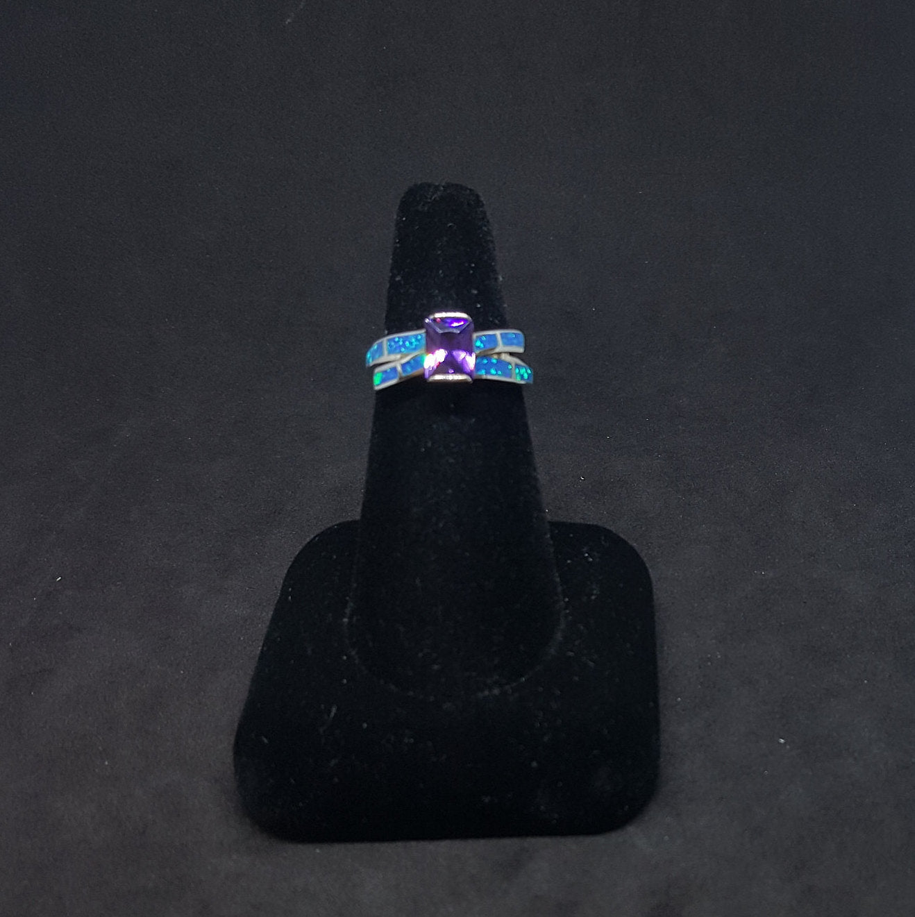 Size 8 - Tied up rectangle Amethyst Blue opal Sterling silver ring