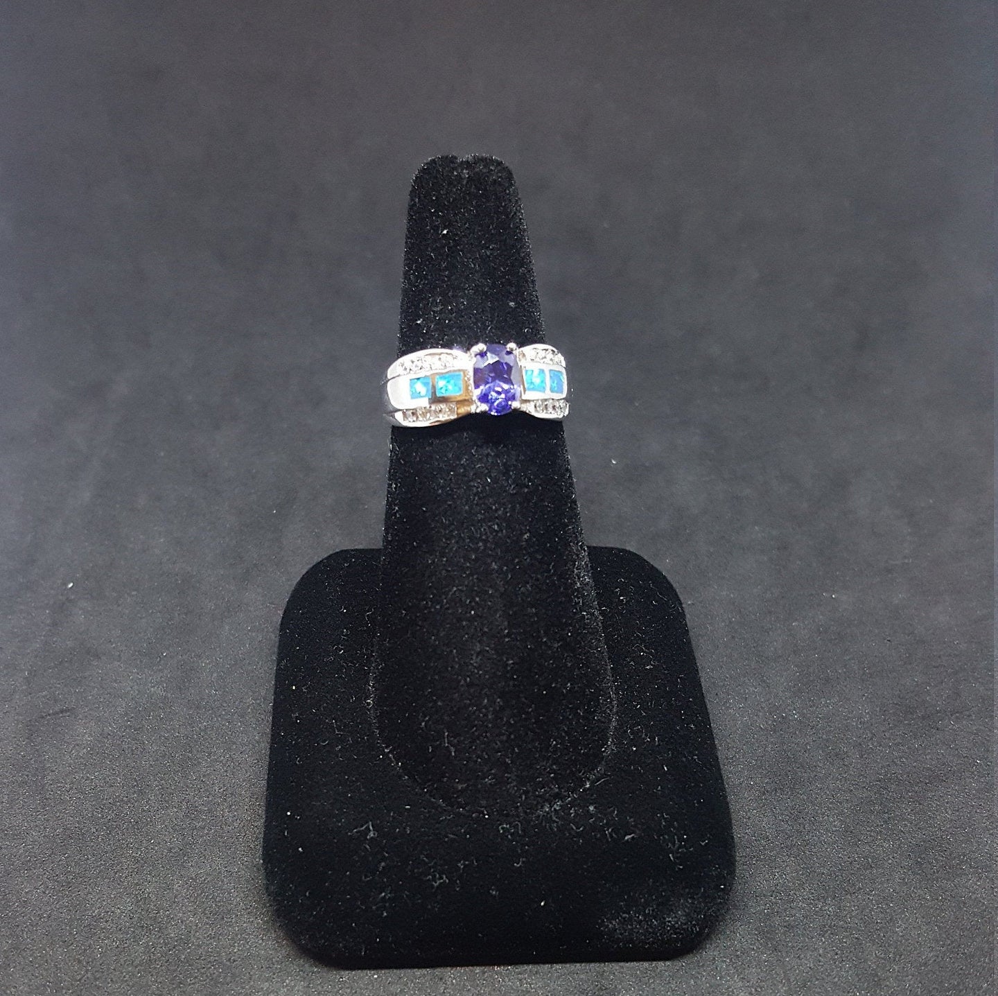 Size 8 - Band oval Tanzanite Blue opal micro CZ Sterling silver ring