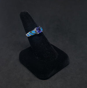 Size 9 - Wave rectangle-cut Tanzanite Blue fire opal Sterling silver ring