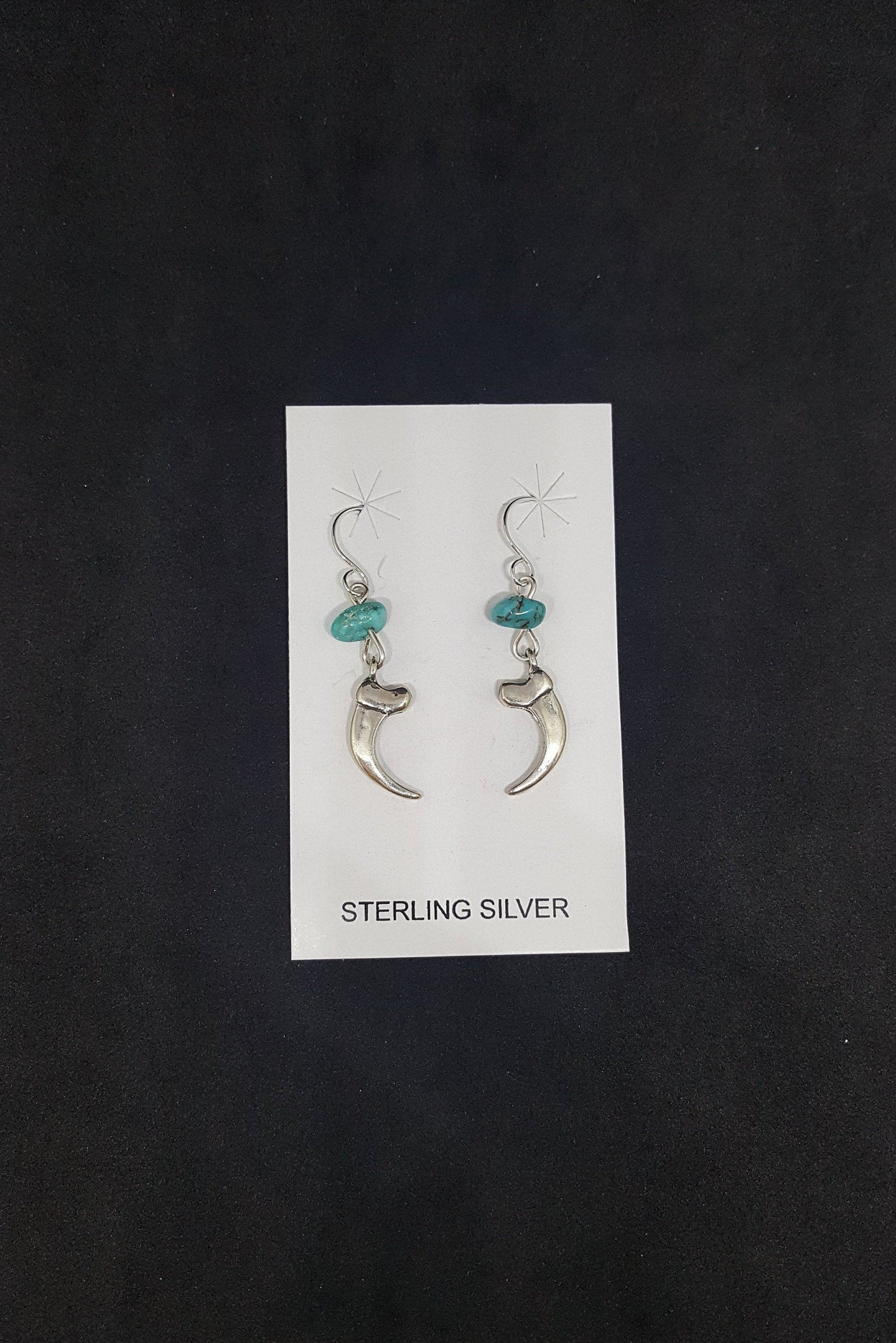 Native Tiger canine tooth Kingman Turquoise sterling silver dangle earrings