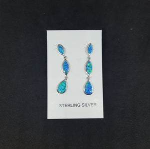 Marquise Chain Blue fire Opal Sterling silver long thin stud/post opal earrings