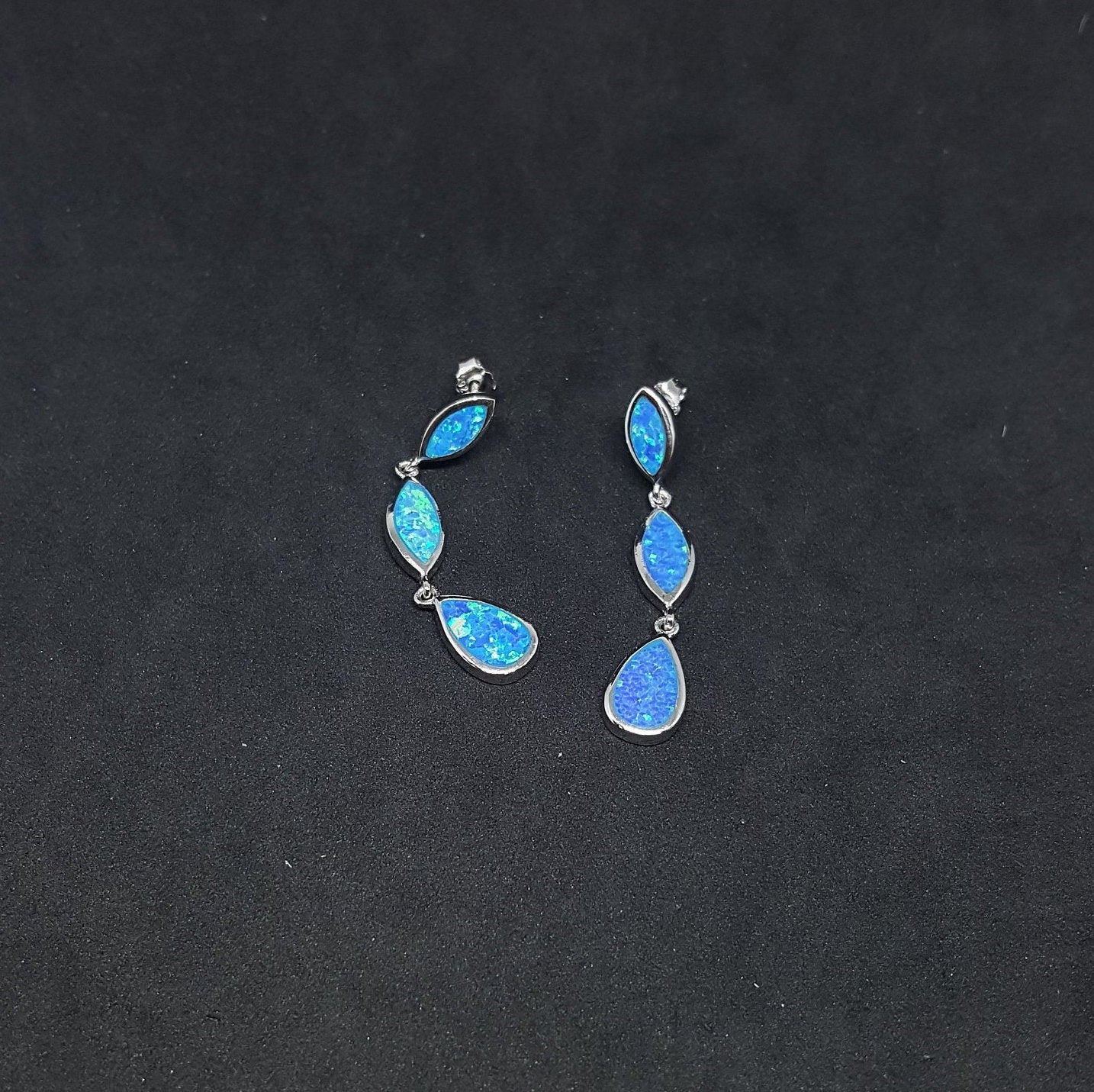 Marquise Chain Blue fire Opal Sterling silver long thin stud/post opal earrings