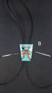 Inlay multi-stone Kingman Turquoise Black cord stainless steel Bolo tie