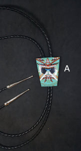 Inlay multi-stone Kingman Turquoise Black cord stainless steel Bolo tie