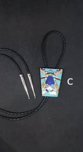 Inlay multi-stone Kingman Turquoise Black cord stainless steel Bolo tie