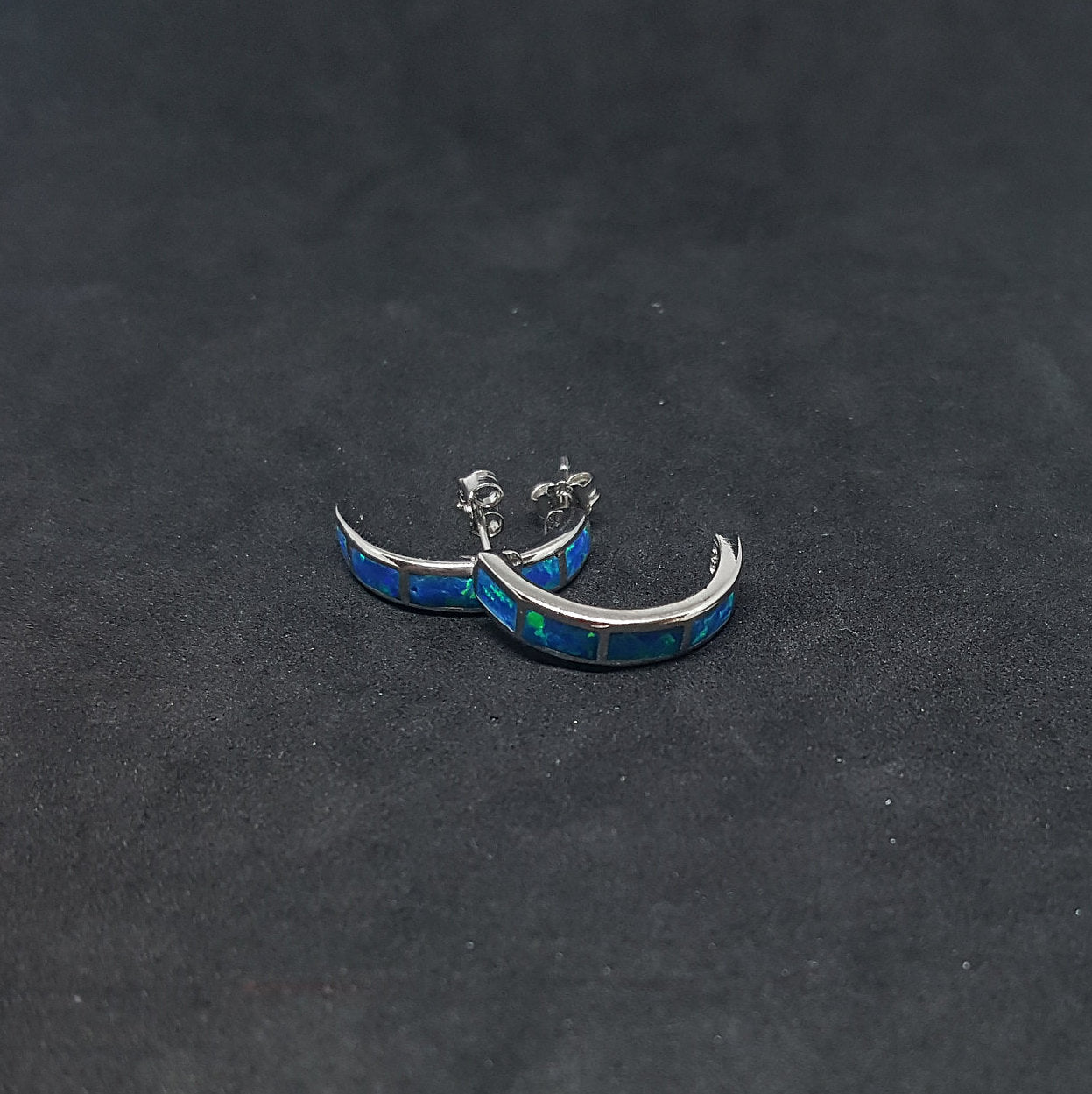 3/4 inches Hoop Blue fire Opal Sterling silver half-circle stud/post earrings
