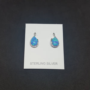 Shiny teardrop Blue fire Opal micro CZ Sterling silver stud/post opal earrings