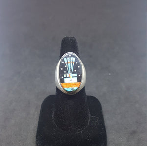 Size 10 3/4 - Galaxy Zuni sunface inlay black onyx fire opal turquoise sandstone spiny oyster sterling silver ring