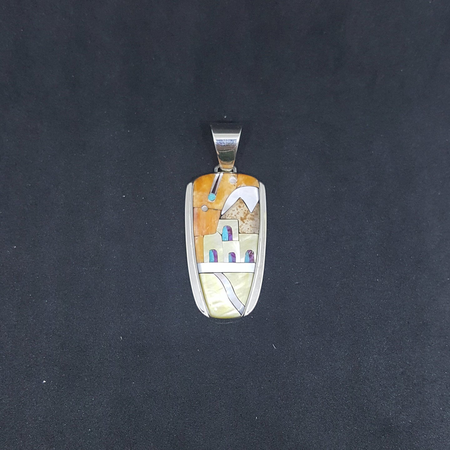 Native houses inlay multi-stone rectangle shape Sterling silver pendant