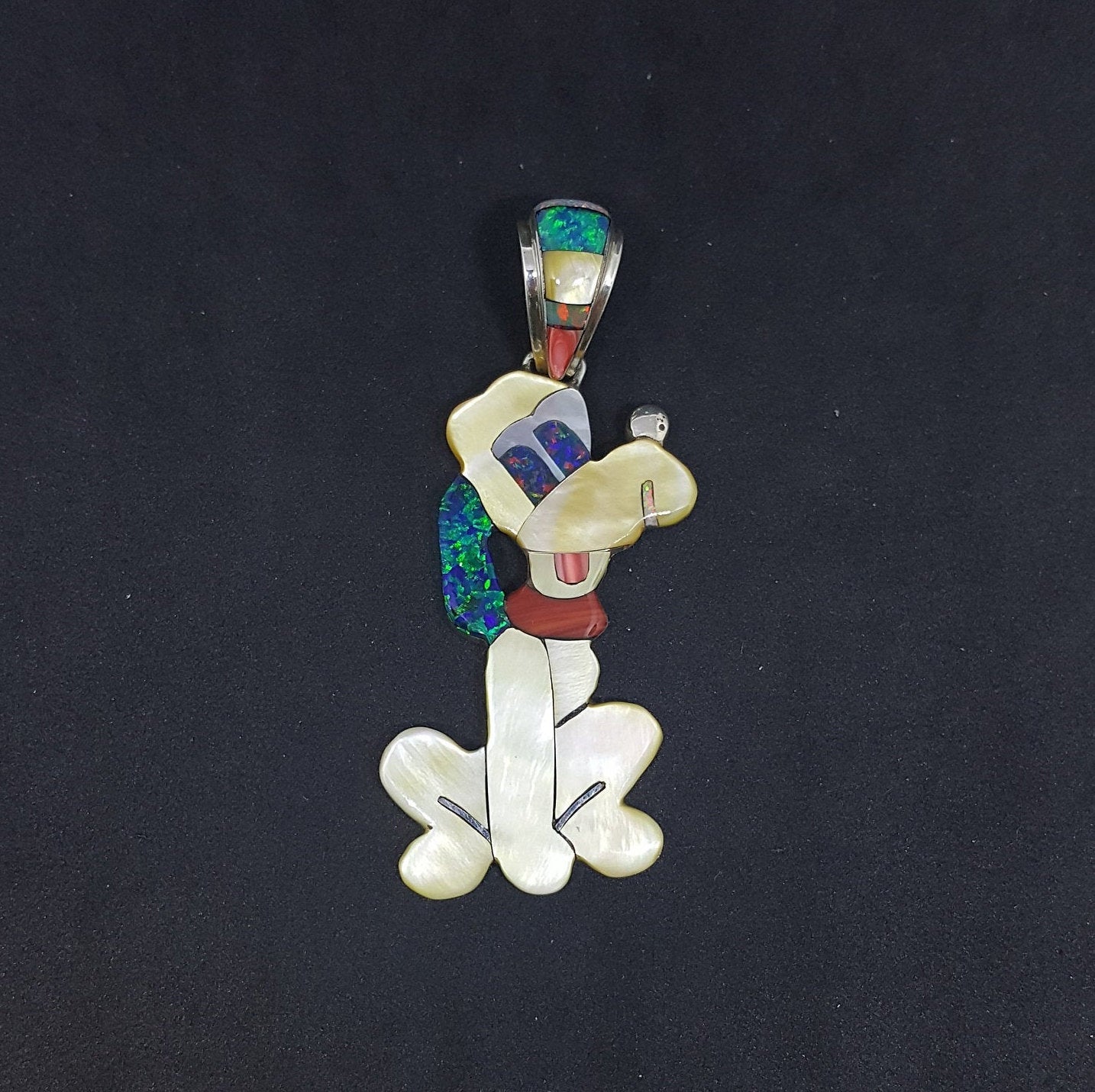 Large Smiley Dog inlay mother of pearl opal spiny oyster shell sterling silver pendant