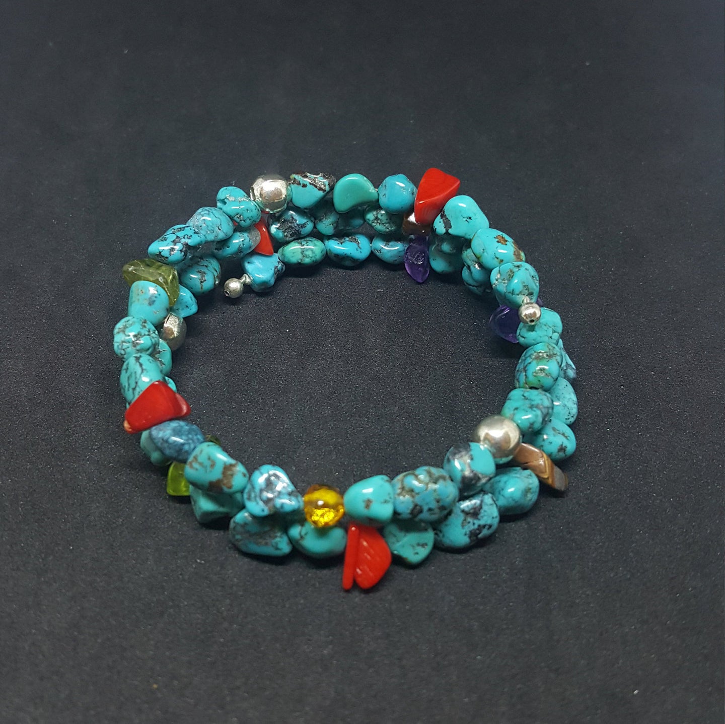 Natural Spiderweb Turquoise Coral chips Quartz Sterling silver spring Adjustable bracelet