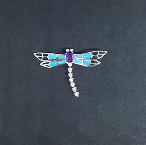 Shiny Dragon fly oval Amethyst Blue fire opal micro CZ sterling silver pendant