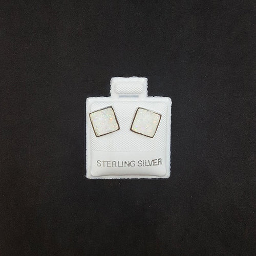 7 mm Square White Fire Opal sterling silver stud earrings